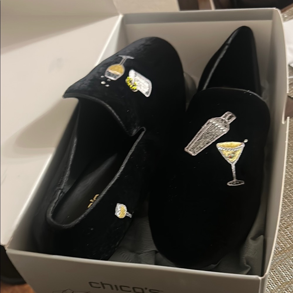 Chico's Black and Yellow Velvet Loafers with Decorative Embellishments
